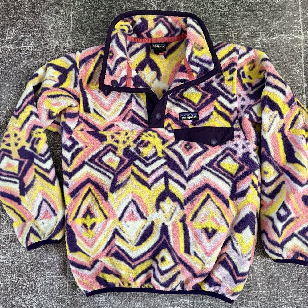 Girl's Patagonia Synchilla Raven Tapestry Purple Aztec Snap T Fleece Jacket Sz S